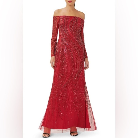 ADRIANNA PAPPEL Beaded Sequins Off Shoulder Gown in Cranberry Red Size 12 NWT - Picture 1 of 8